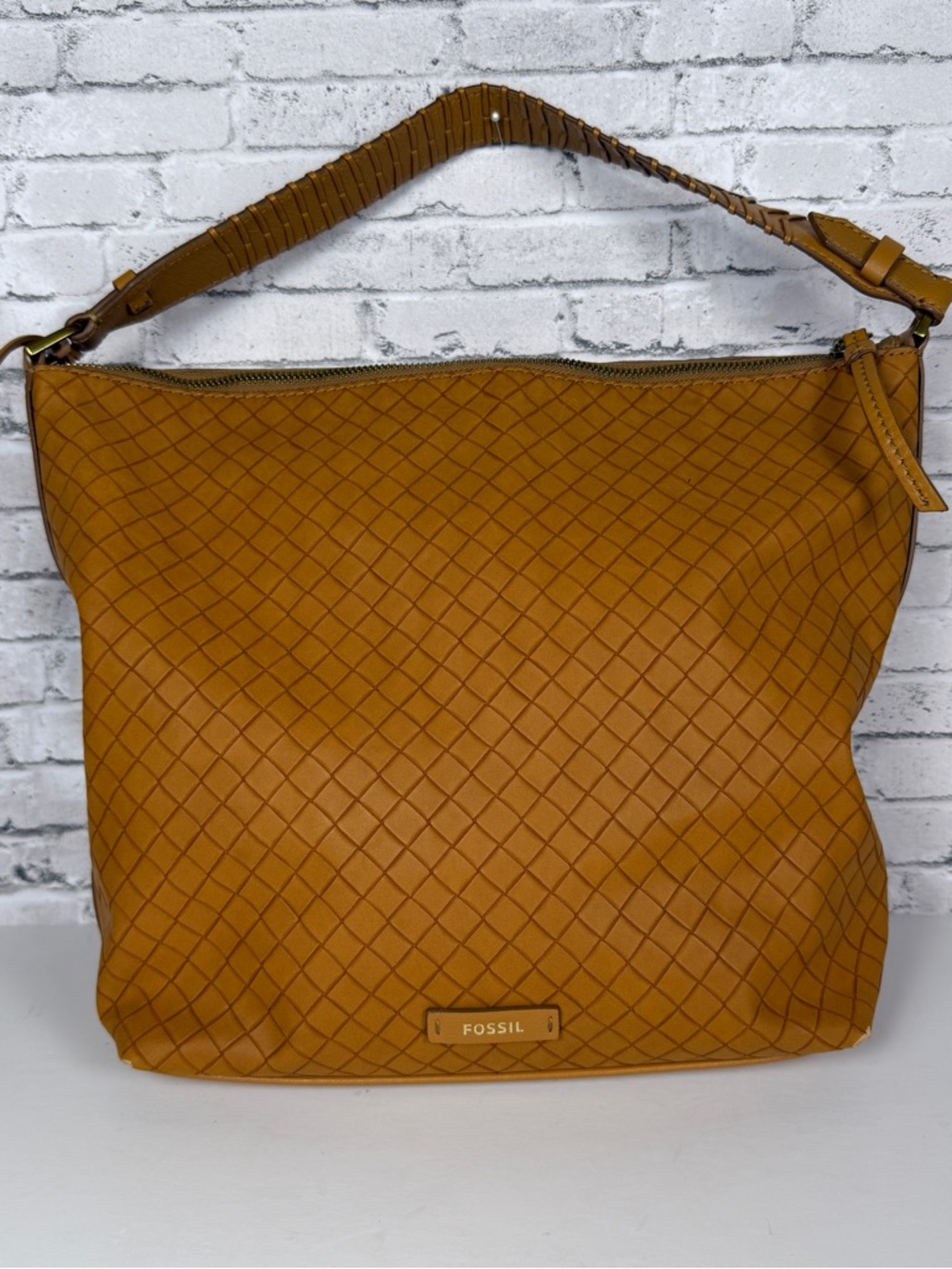 Fossil Woven Shoulder Bag in Cognac Tan